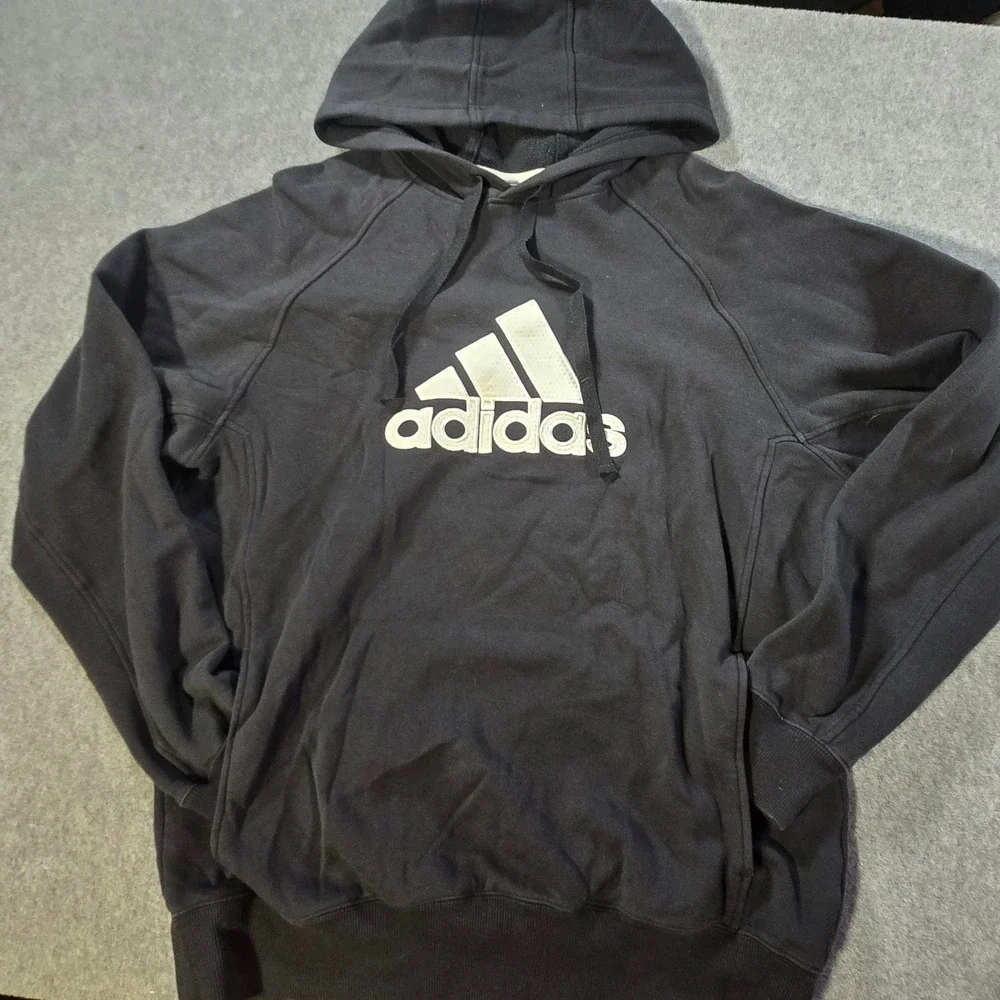 Adidas‎ Mens Hoodie Black Embroidered Logo Pullover Fleece Sweatshirt Medium